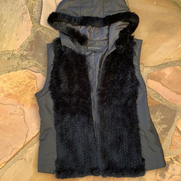 Dana Stein Puffer Vest size Medium Rabbit Fur trim with Hood - Picture 4 of 7